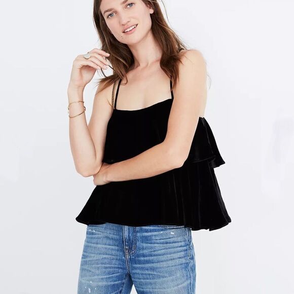 Madewell Velvet Ruffle Cami, Size Medium Black - Picture 2 of 7